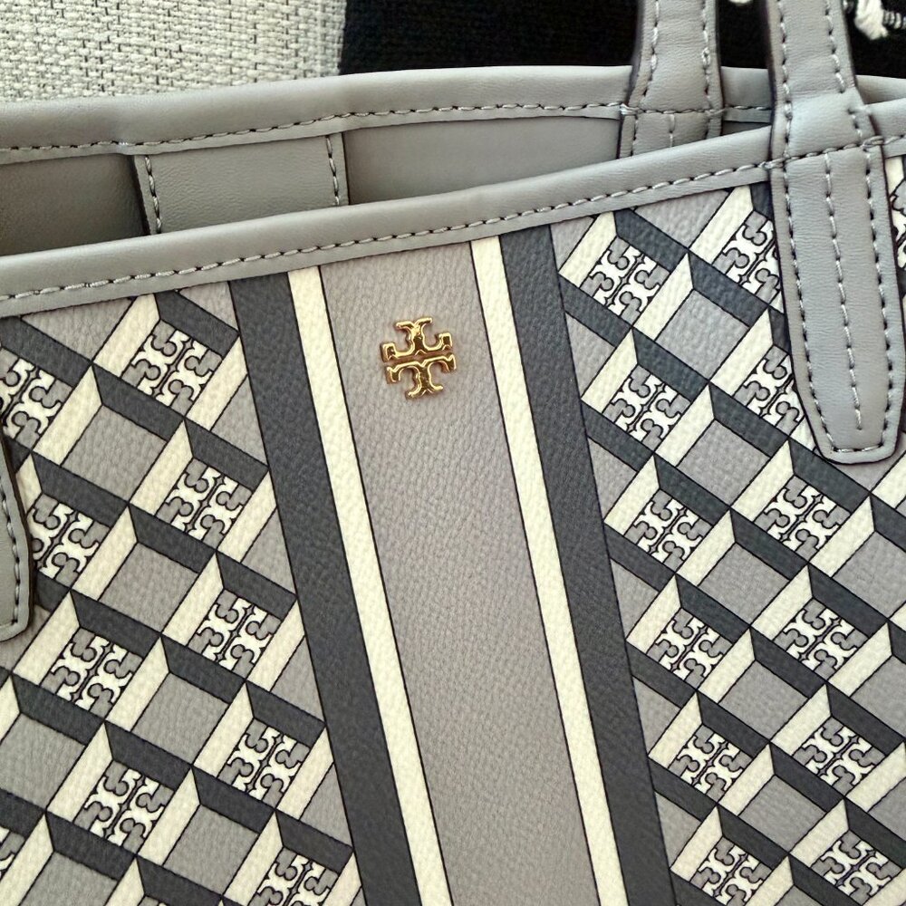 Tory Burch Gray Patterned Canvas Tote with Center Stripe - Picture 10 of 16